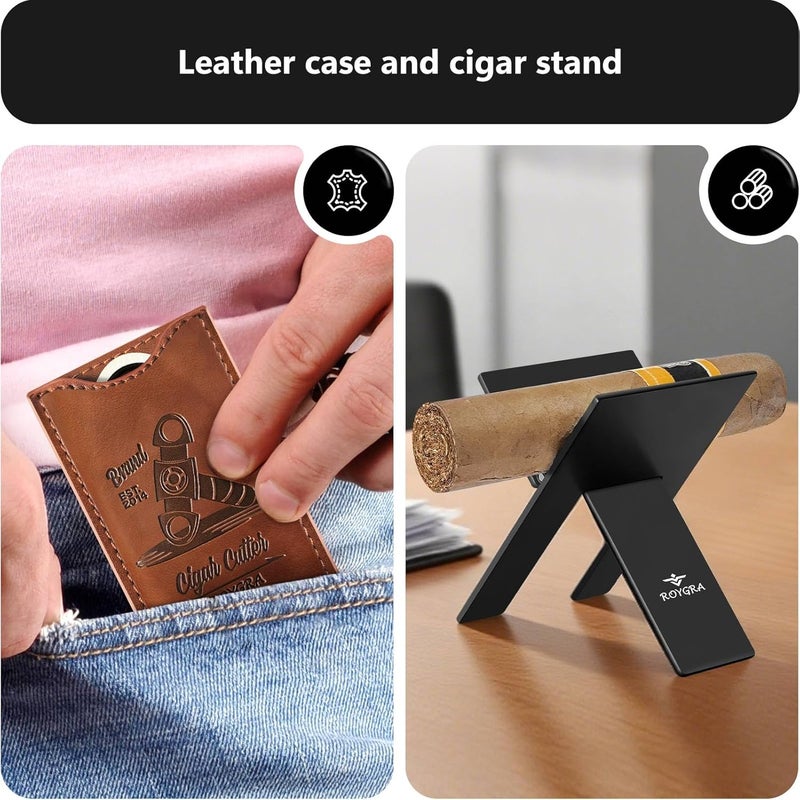 roygra طقم قاطع السيجار (5 قطع) ، ملحقات السيجار للرجال تناسب جميع أنواع السيجار - قاطعة جيلوتين من الفولاذ المقاوم للصدأ ، قطع على شكل V موسعة ، ثقب ، حامل ، حقيبة جلدية - ملحقات التدخين ، قطع حادة محمولة - Image 5